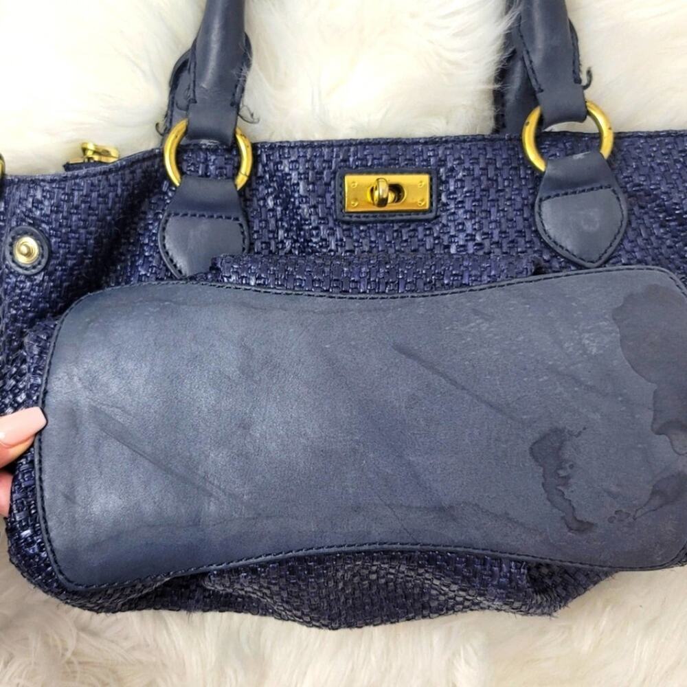 J. CREW Navy Blue Brompton Woven Straw Leather Trim Satchel Handbag Quiet Luxury - Picture 7 of 14